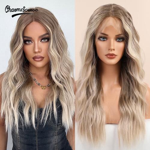 CharmSource Long Brown Ombre Blonde Hair Natural Wavy Front Lace Wigs Synthetic for Black Women Daily Party Use Wig High Density
