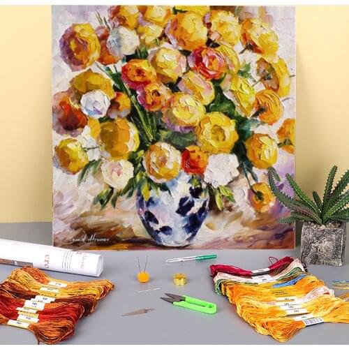 Gold Bouquet Printed Fabric 11CT Cross-Stitch Embroidery Complete Kit DMC Threads Knitting Handiwork Craft Needlework Sales
