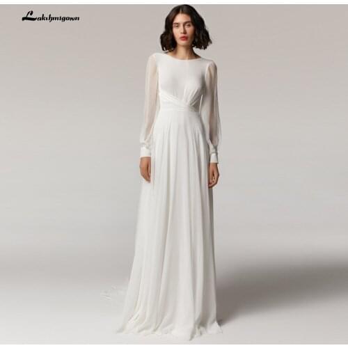 Simple Long Sleeve Backless Chiffon O Neck Beach Wedding Dresses Ruffles Sweep Train A Line vestidos de novia 2021 Lakshmigown