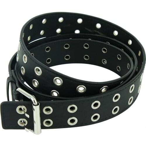 Fashion Women Punk Chain Belt Adjustable Black DoubleSingle Eyelet Grommet Metal Buckle Leather Men Waistband For Jeans