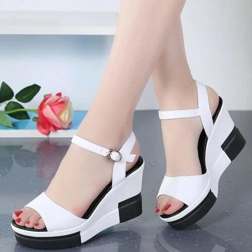Summer Womens Gladiator Wedges Genuine Leather Sandals Ladies Korean Thick Bottom White Chunky Patform Beach Sandals Shoes New