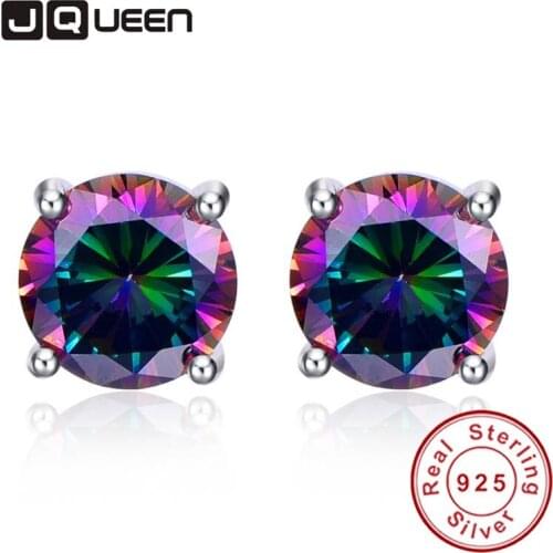 4.65g 925 Silver Earrings Jewelry Colorful Rainbow Topaz Ear Studs Nail Small Round Push Back Pierced Ears Earrings for Women