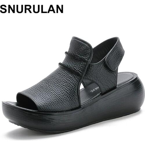 SNURULAN 2020 Summer Shoes Thick Bottom Platform Sandals For Women Genuine Cow Leather Fashion Wedges Peep Toe Women Sandals