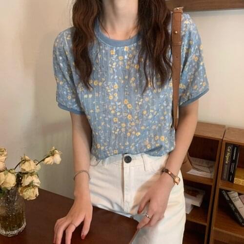 Hzirip Korean Chic Fashion O Neck Vintage Floral Loose Ladies 2021 New Hot Casual Gentle Knit Summer Short-Sleeved T-Shirt
