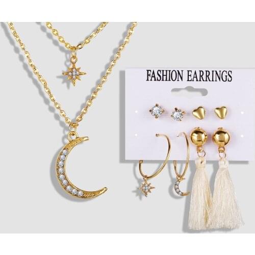 New Jewelry Sets for Women Female Trendy Geometric Tassel Drop Earrings Studs Rhinestone Star Moon Pendant Necklaces Set