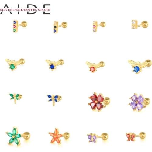 AIDE 1PCS Simple Dragonfly Spiral Stud Earrings For Women Green Pink Blue Flower Earrings 925 Sliver Jewelry Pendientes Mujer