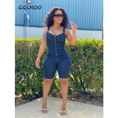 GGLNOO Women Denim Playsuit Solid Sleeveless Strap Zipper Strechy Bodycon Playsuits Fashion Rompers One Piece Overalls Summer