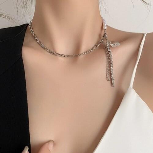 VSnow Statement Asymmetry Imitation Pearl Beaded Necklace for Women Girls Rhinestone Chain Long Tassel Crystal Necklace Jewelry