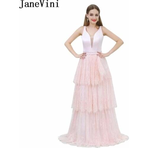 JaneVini 2018 Light Pink Beaded Women Formal Gowns Deep V-Neck Lace Sequins Bridesmaid Dresses Long Sleeveless Tiered Prom Dress