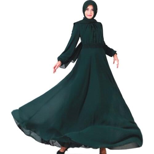New Top grade Chiffon Band collar Elasticized waist and cuffs covered button kimino muslim maxi abaya dress