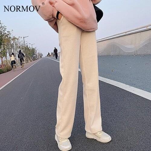 NORMOV Women Plus Velvet Pants Autumn Winter Loose Wide Leg Trousers Corduroy High Waist Vintage Korean Warm Pants Streetwear