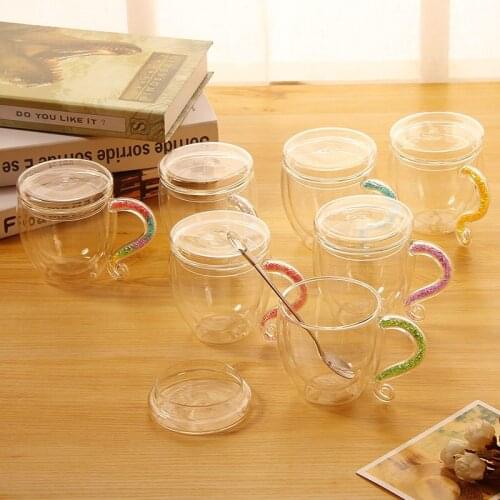 Custom Logo Double Layer with Drill Heat Insulation Glass Lid Spoon Coffee Cup Milk Cup Glass Cup