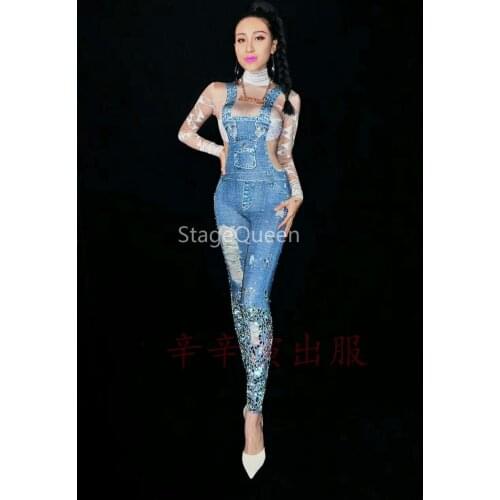 Bright Stones Jeans Printed Jumpsuit Rhinestones Skinny Leggings Nightclub Show Womens Birthday Party Prom DS Outfit Stage Wear