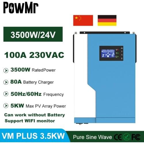 PowMr 3500W 24VDC MPPT 100A Hybrid Inverter 230VAC 50Hz/60Hz Off Grid Solar Charger Can Work Without Battery and Support WIFI