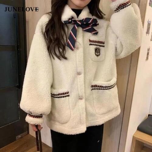 JuneLove 2021 Women Winter Solid Pockets Faux Lamb Fur Coat Female Japanese Fashion Outwears Lady JK Loose Warm Coats Outwears