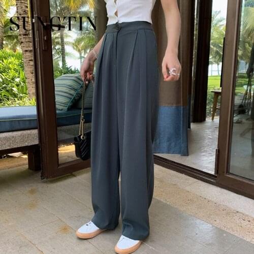 Sungtin Korean High Waist Blazer Wide Leg Pants Women Casual Loose Pants Solid Straight Trousers Vintage OL Boyfriend Streetwear