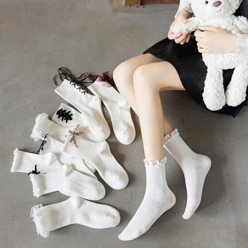 Lolita White Short Socks Women Cute Lace Frilly Socks Cotton Kawaii Bow Bandage Ruffle Socks Japanese Style