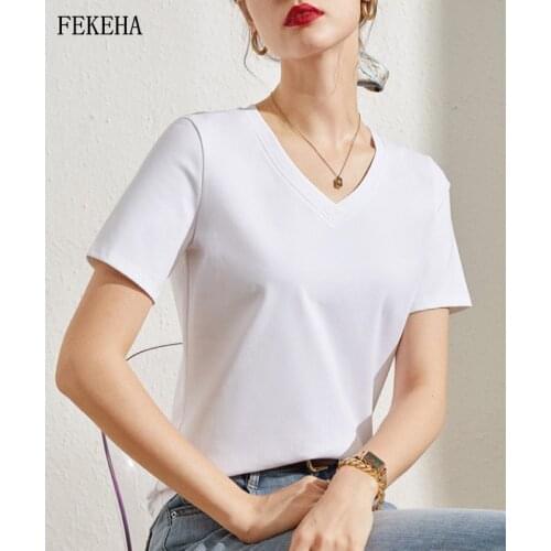 Summer T-Shirt Women V-Neck Lady Black Tee Tops Cotton Solid Short Sleeve Female Clothes Tshirts 2021 News