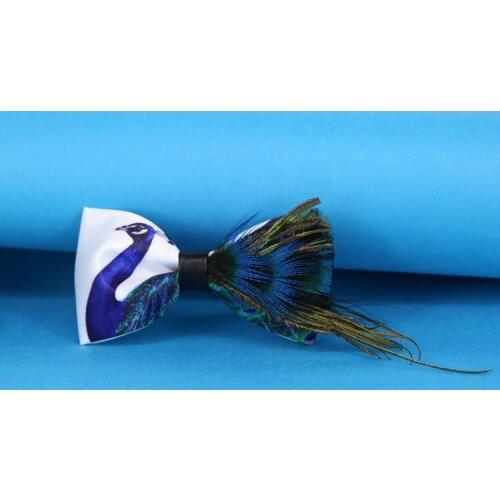 Male bow tie natural blue peacock feather nightclub wedding bridegroom tie male wedding feather collar bow tie