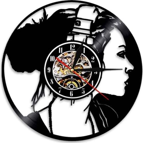 Music Girl Vinyl Record Night Light Wall Clock Atmosphere Light Sexy Disco Girl Vintage Wall Art Watch Time Clock Non-Ticking