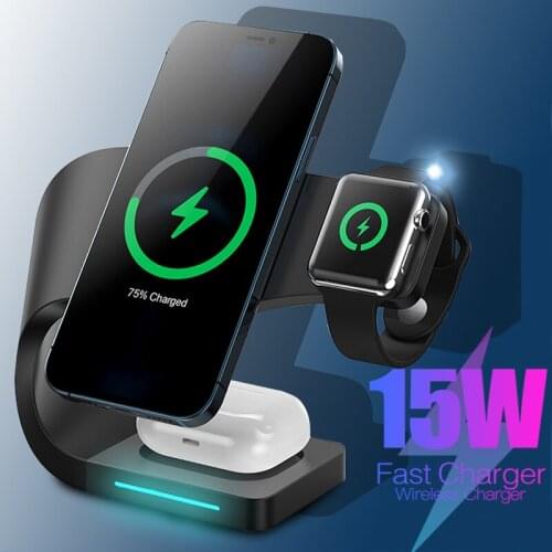3in1 Magnetic Desktop Wireless Charger Holder 15W Fast Phone Charging Stand For Apple Airpods Watch 6 5 4 For iPhone 12 Pro Max