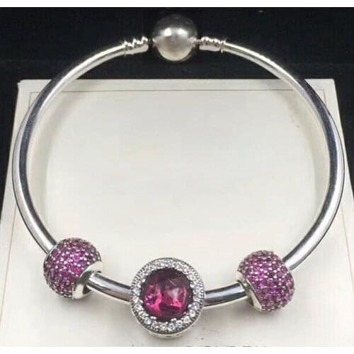 NEW 100% 925 Sterling Silver 791051CZR RED PAVE BALL CHARM RADIANT HEARTS CHARM Bracelet Set Original Boutique Jewelry