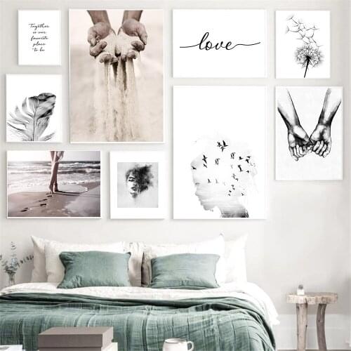 Dandelion Holding The Sand Wall Art Poster Hand In Hand Canvas Painting Feather Beach Girl Bird Quote Canvas Painting Home Decor