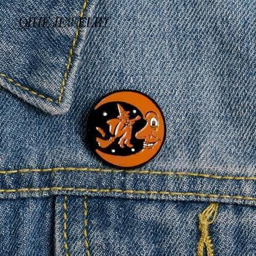 QIHE JEWELRY Halloween Pins Moon Broom Witch Lapel Enamel pins Brooches Badges Clothes Bags pins Festival Gift for Kids Friends