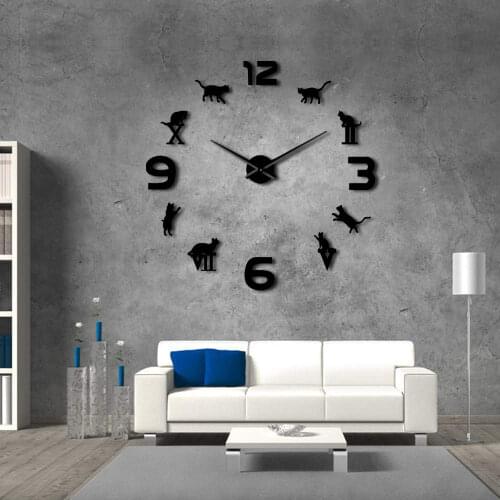 Roman Arabic Numerals Mixed DIY Large Wall Clock Kitty Cat Silhouette Wall Art Giant Mute Wall Watch Modern Design Home Decor