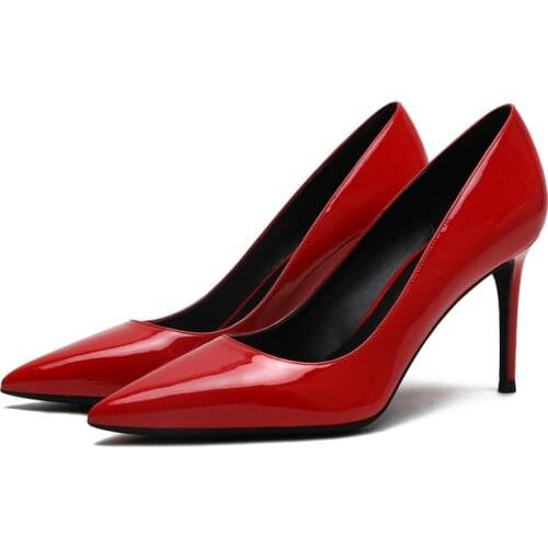 Luxury Genuine Patent Leather Pump Black Sexy Pointed Toe Pumps Super High Heel Shallow Party Career Elegant Shoes E0048