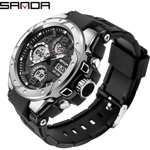 SANDA Sport Mens Watches Top Luxury Digital Pointer Clock Shockproof Stopwatch Quartz Watch 50M Waterproof Men Watch Clock 6008
