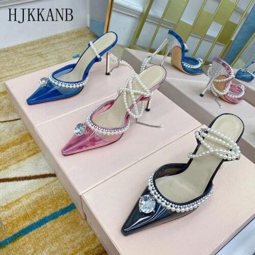 Pointed Toe Crystal Decoration High Heel Sandals Women Pearls Band Strap Sweet Pumps Summer Party Banquet Dress Shoes Ladies