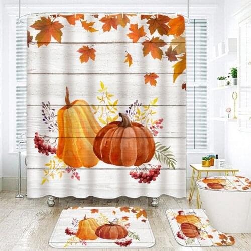 Pumpkin Waterproof Fabric Shower Curtain Nature Bathroom Curtain Set with Hook Non-Slip Rug Toliet Lid Cover Bath Mat Home Decor
