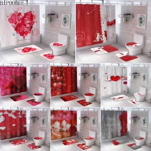 Rose Waterproof Shower Curtain Love Carpet Set Toilet Cover Bath Mat Cushion Cover Bathroom Curtains Valentines Day Present