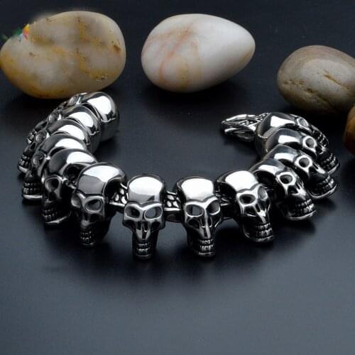 High Quality Stainless Steel Skeleton Skull Head Chain Biker Jewelry Bracelet Wristband For Mens Jewelry Christmas Gift