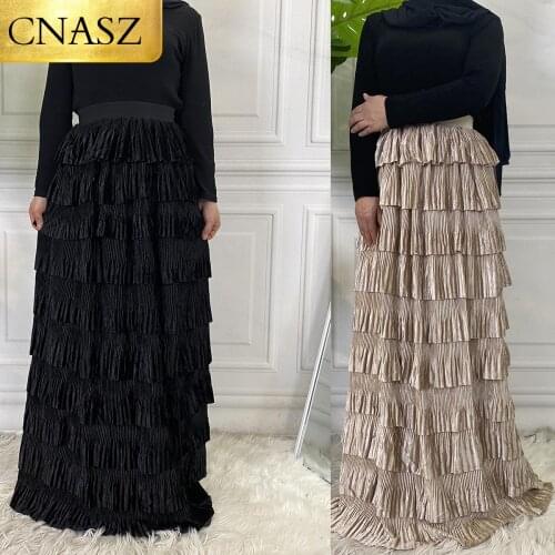 New Longer Length Elegant Modest Muslim Cascading Ruffle Cake Style Islamic Skirts Female Ruffles Skirt Big Swing Long Skirts