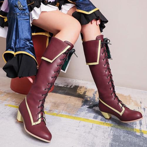 Sgesvier 2020 Fashion Cosplay Cross Tied Knee High Knight Boots Female Wine Red Spike Block Heels Womens Long Boots Autumn Shoes