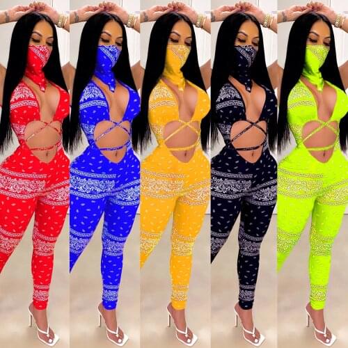 Zoctuo Bandana Scarf Print Sexy Jumpsuits for Women Hollow Out With Mask Playsuit 2020 New Fashion Bandage Women Sexy Jumpsuit