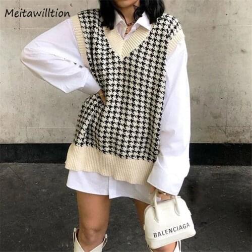 2020 Women Houndstooth Sweater Vest Autumn Winter Knitted Pullover Casual V Neck Sleeveless Korean Loose Jumper Tops