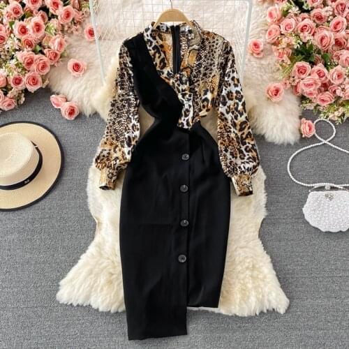 Amolapha Patchwork Shirt Dress For Women V-Neck Leopard Korean Clothing Chic Fashion Elegant Long Sleeve Sheath Pack Hip New