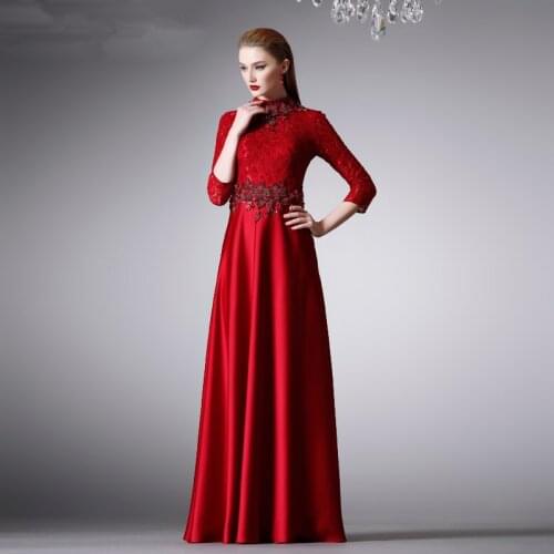 Robe de soiree beading high neck 2018 fashion vestido de festa evening elegant three quarter sleeve mother of the bride dresses