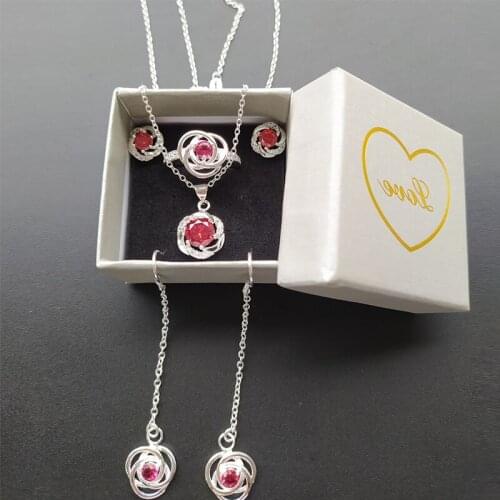 1 Set With Box Earrings Pendant Necklace Rings Size 8 Red Gift Silver Color Women Crystal Stone Zirconic Jewelry Set