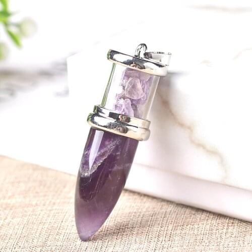 1PC Natural Amethyst Bullet Shape Pendants Have Gravel Specimen Reiki Healing Stone Pendant For Increase Charm Unisex DIY Gift