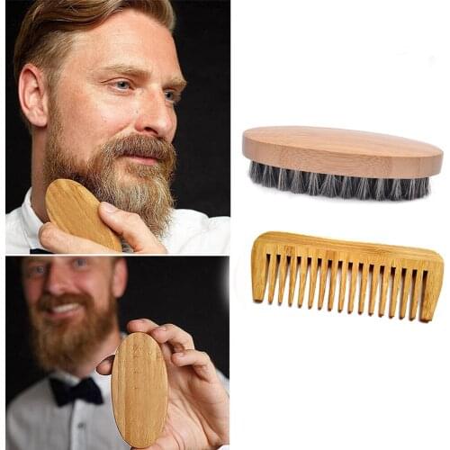 2pcs/set Mens Bamboo Wood Beard Brush & Bamboo Comb Kit Boar Bristles Mustache Shaving Brush Facial Hair Brush Customized logo
