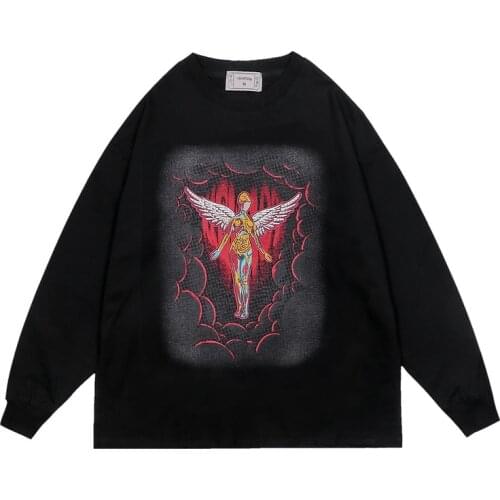 2021 Dark Streetwear Angel Print Punk Men Hip Hop Pullover Sweatshirt Stylish Long Sleeve Casual Tshirt Kpop Clothes Sweat Homme