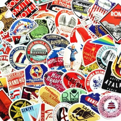 55pcs mixed Retro Style travel hotel logo Roma Paris Los Japan Chicago Hawaii baghdad trip Luggage sticker waterproof decal