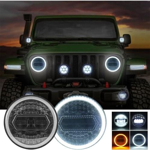 7 inch Round LED Headlight Hi/Low Beam Halo Angle Eyes 6000K Headlamp with H4 to H13 Adaptor for Jeep 97-2017 Wrangler JK TJ