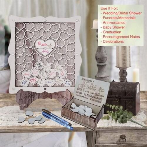 Wooden Personalized Wedding Guest Book Frame Alternative Carving Heart Shape Sign with Box Rustic Baby Shower Birthday Party Dec