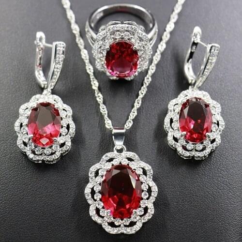Funmode Red Oval Shape Cubic Zircon Rope Link Pendant Wedding Party Jewelry Sets For Women collares mujer moda Wholesale FS134