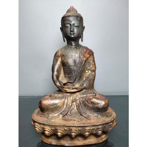 11"Chinese temple collection Old Bronze Cinnabar Lacquer Shakyamuni Sitting Buddha Ornaments Town House Exorcism